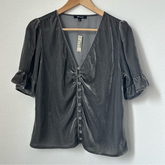 Madewell Tops - MADEWELL SHIMMERY SILVER-GRAY VELVET V-NECK BLOUSE  Size 8 NWT